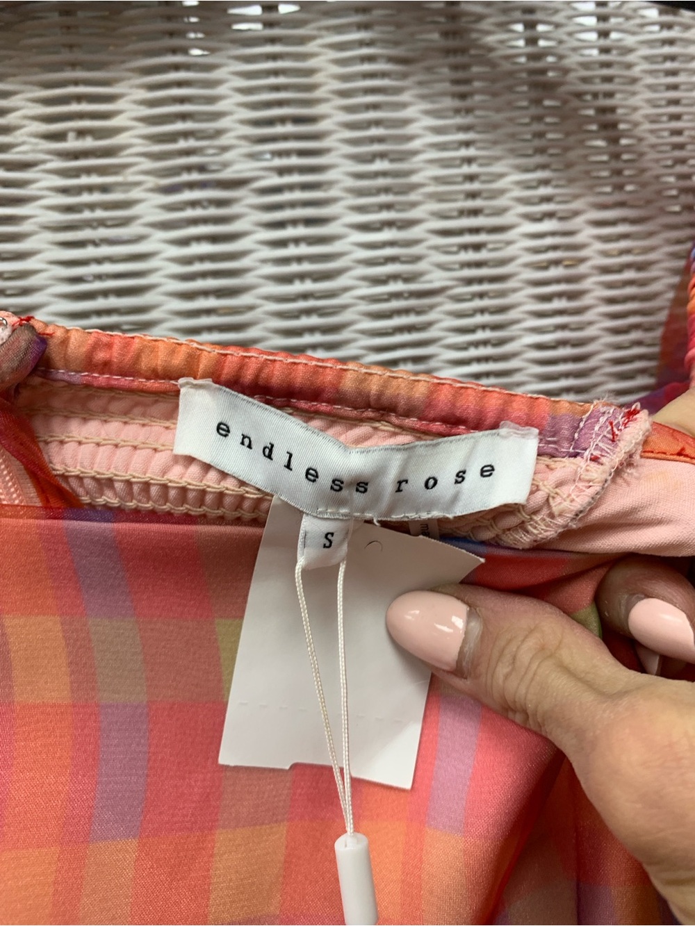 Endless Rose Coral-Pink Plaid Puff-Sleeve Mini Dress NWT - Picture 2 of 4